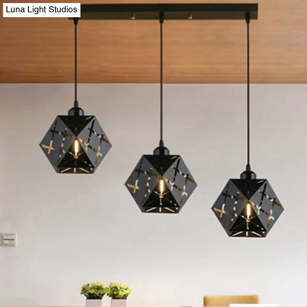 Geometric Hanging Lamp: Carved Metal Shade, Industrial Style, 3 Lights, for Kitchen Pendant Lighting