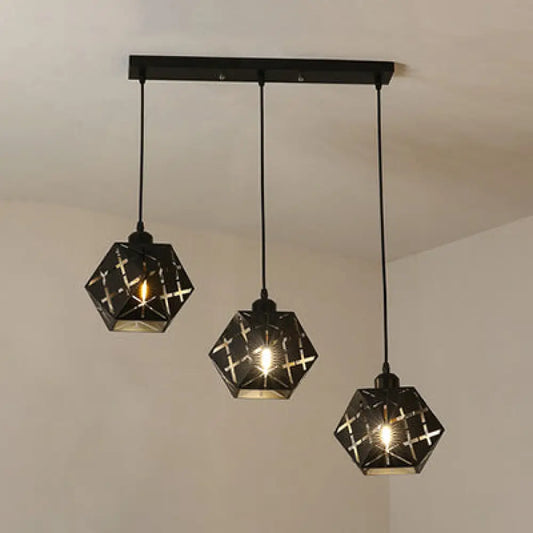 Geometric Hanging Lamp: Carved Metal Shade, Industrial Style, 3 Lights, for Kitchen Pendant Lighting