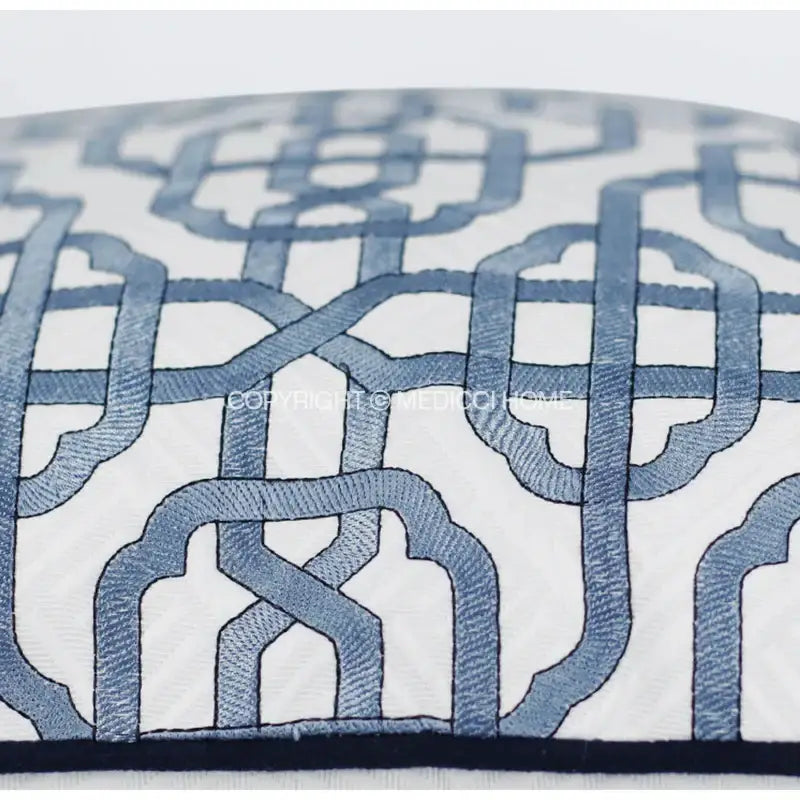 White embroidered pillow with intricate blue geometric pattern and navy border for decorbites indigo blue pillow covers