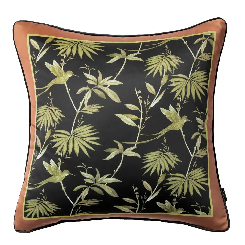 Black silk pillow with olive green hummingbirds and rust border complements decorbites indigo blue white embroidered pillow covers
