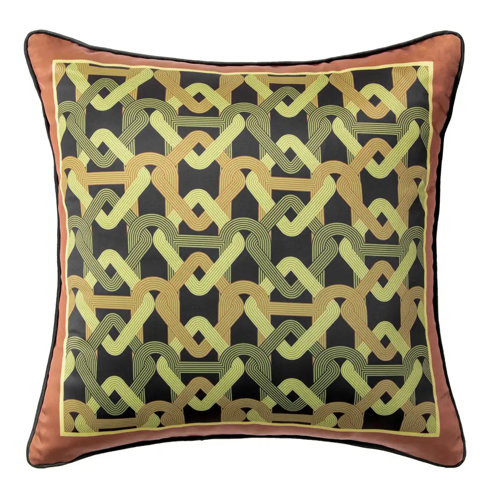 Square pillow covers with intricate gold and olive green geometric pattern framed by rust border for decorbites indigo blue collection