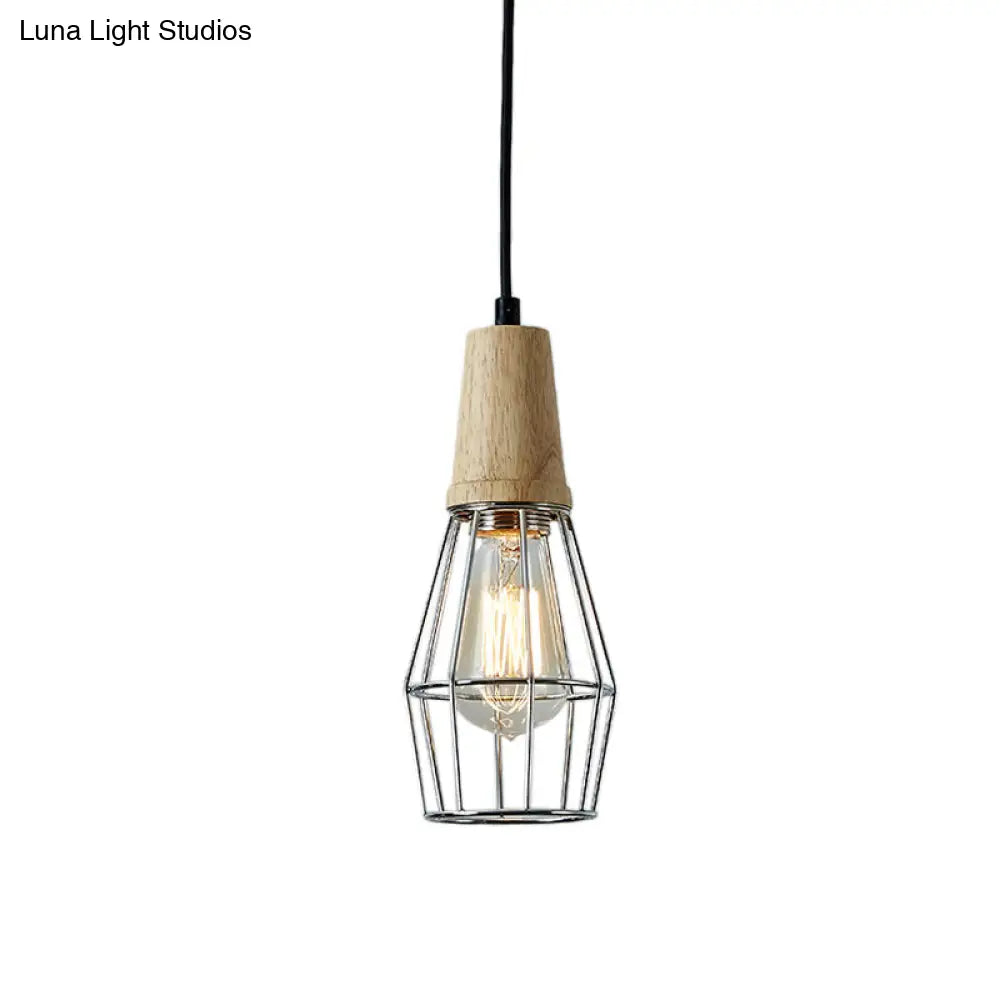 Geometric Iron Pendant Lamp with Wooden Top - Industrial Style Ceiling Light for Bedroom