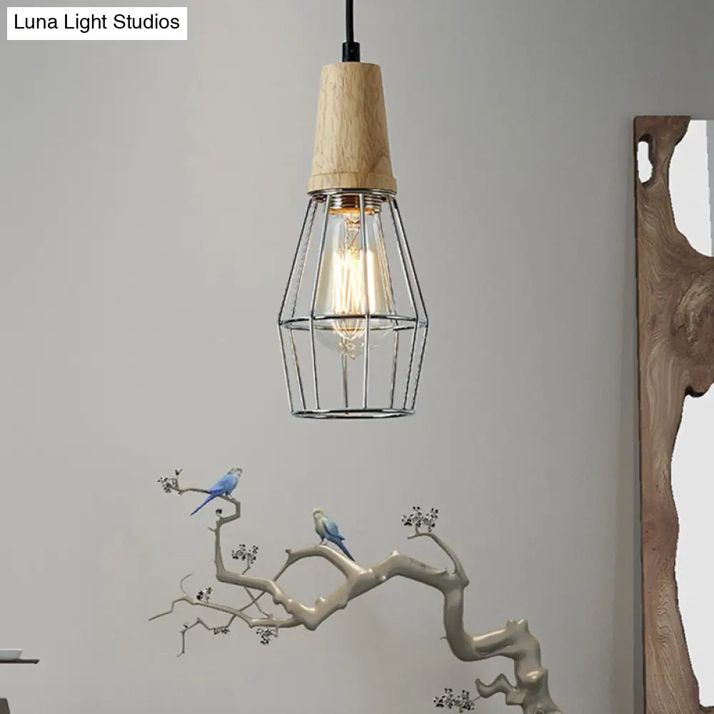 Geometric Iron Pendant Lamp with Wooden Top - Industrial Style Ceiling Light for Bedroom