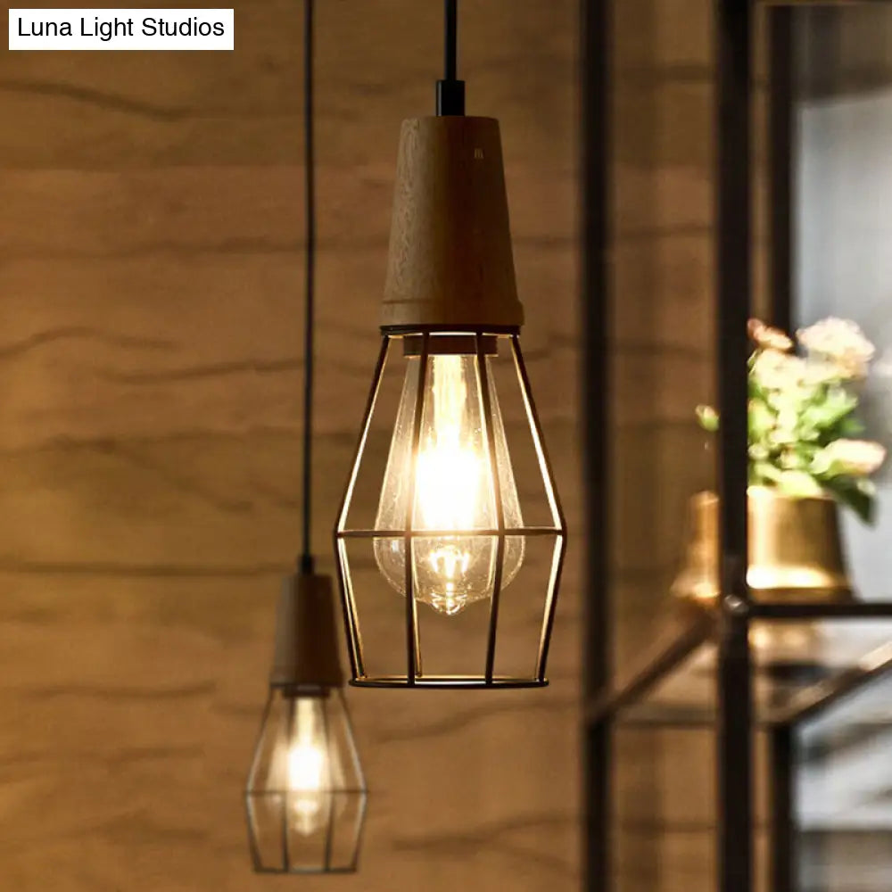 Geometric Iron Pendant Lamp with Wooden Top - Industrial Style Ceiling Light for Bedroom