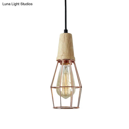 Geometric Iron Pendant Lamp with Wooden Top - Industrial Style Ceiling Light for Bedroom