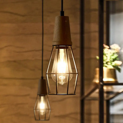 Geometric Iron Pendant Lamp with Wooden Top - Industrial Style Ceiling Light for Bedroom