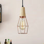 Geometric Iron Pendant Lamp with Wooden Top - Industrial Style Ceiling Light for Bedroom