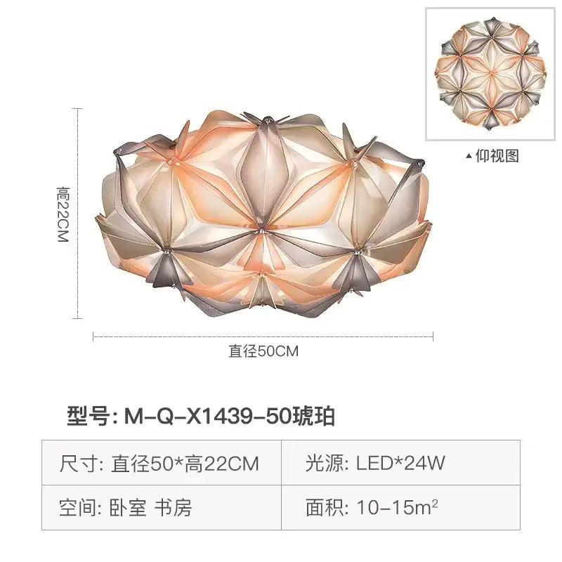 A modern geometric italian design ceiling light with soft peach glass petals and metallic gray accents for dining room decor