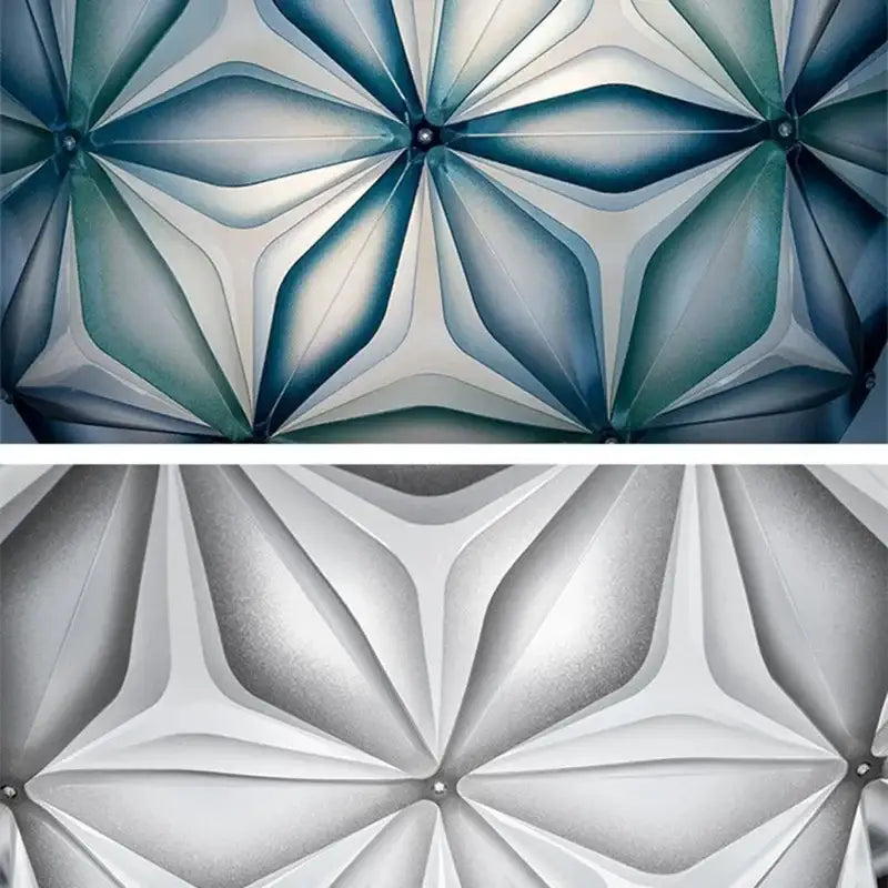 Geometric italian design white glass ceiling light with blue and silver starburst panels for dining room decorbites geometric italian