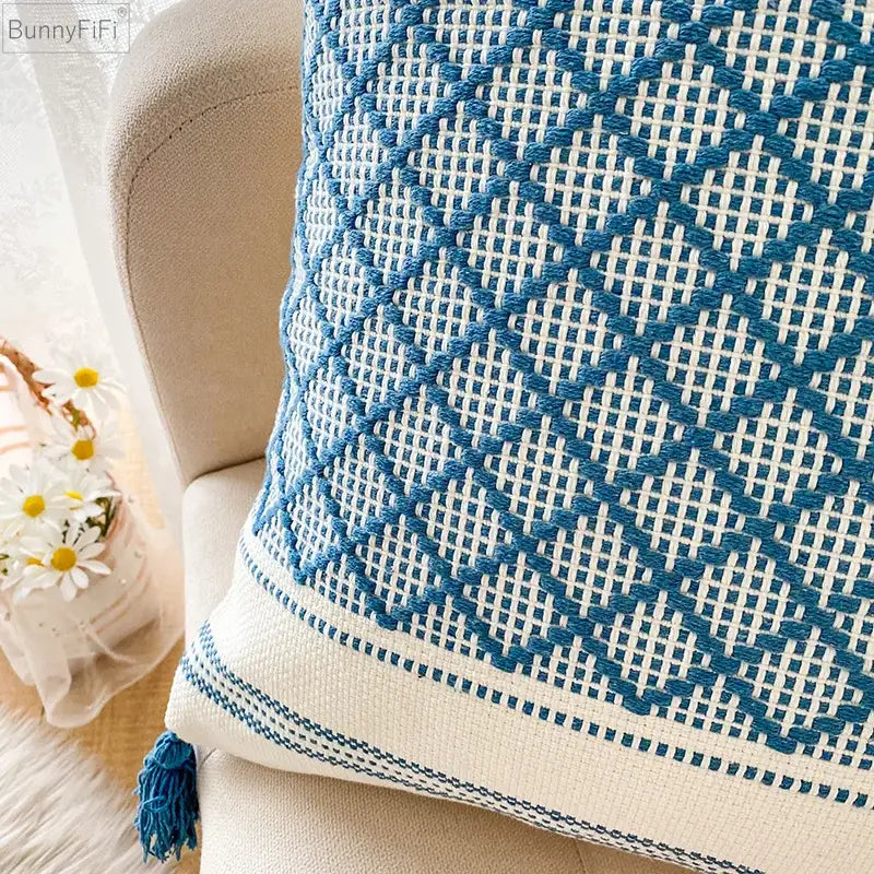 Blue and white woven blue diamond jacquard cushion cover with tassel corner for living room decorbites decor