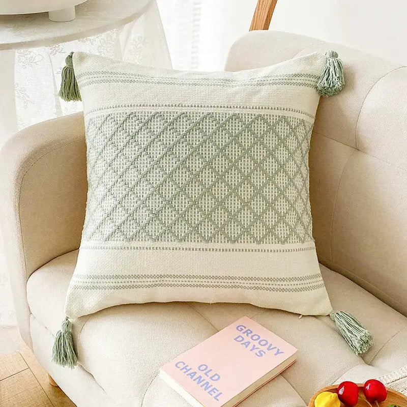Beige cushion cover with light green blue diamond jacquard embroidery and matching tassels for living room decorbites decor
