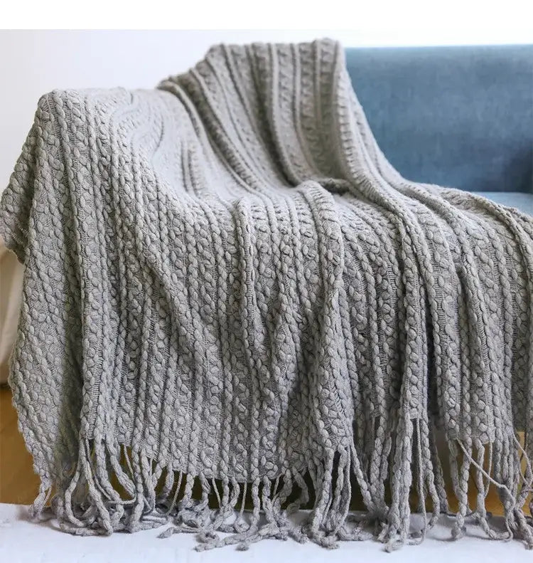 Gray cable knit throw blanket with fringed edges for decorbites geometric knit sofa and knit sofa blanket use