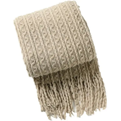 Beige knitted throw blanket with textured cable pattern and fringe for decorbites geometric knit sofa blanket