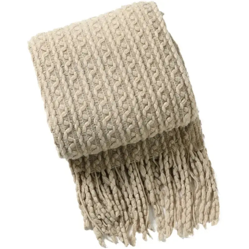 Beige knitted throw blanket with textured cable pattern and fringe for decorbites geometric knit sofa blanket