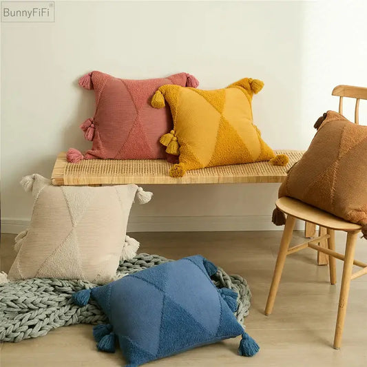 Soft textured cushion cover featuring geometric diamond knit in mustard blue with tassel edges for living room decorbites decor