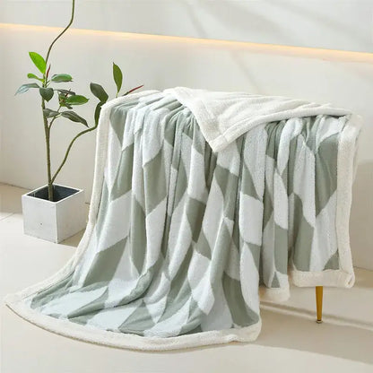 A soft geometric lamb wool blanket in lavender and white with a plush fleece lining for cozy decorbites geometric lamb decor