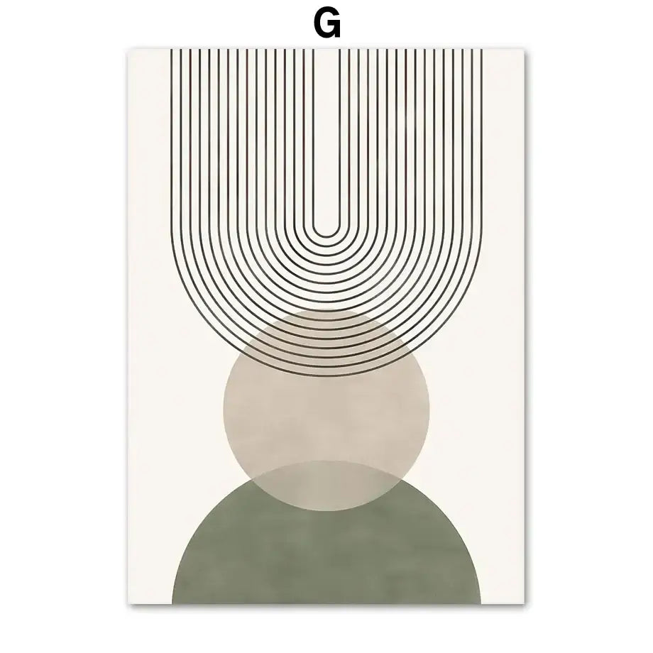 Decorbites™ abstract geometric leaves canvas wall art with minimalist black curved lines and beige olive green semi circles