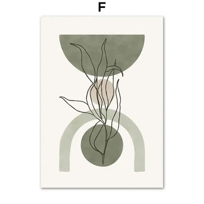 Minimalist abstract geometric leaves wall art print featuring black line botanical stems on olive and muted pink background