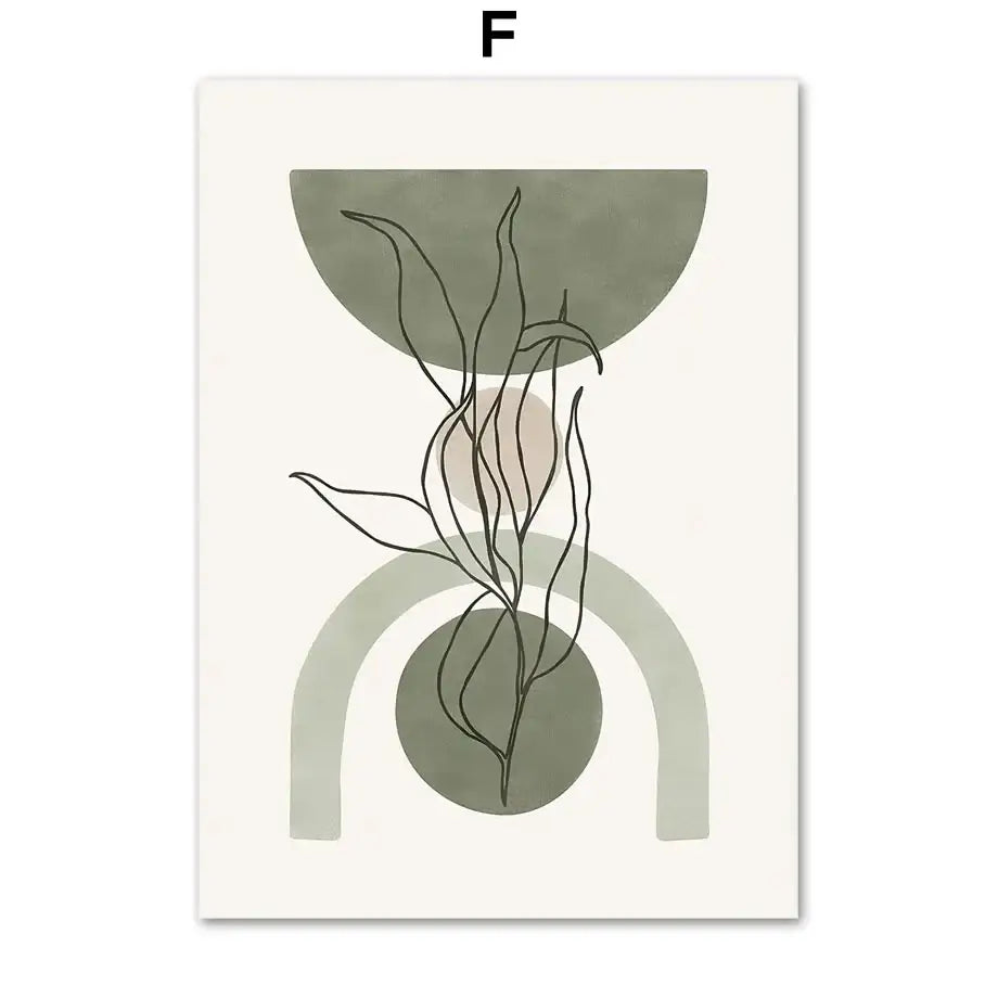 Minimalist abstract geometric leaves wall art print featuring black line botanical stems on olive and muted pink background