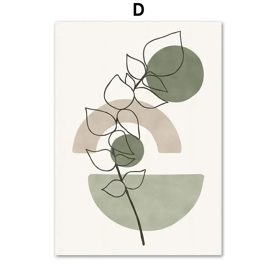 Decorbites™ abstract geometric leaves canvas wall art featuring minimalist black line plant on sage green and beige shapes