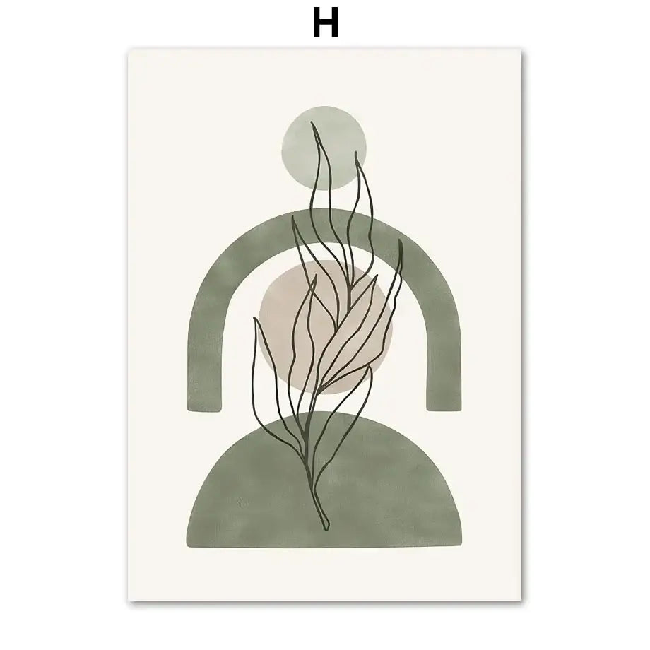 DecorBites™ abstract geometric leaves canvas wall art with minimalist black line plant on sage green and beige shapes