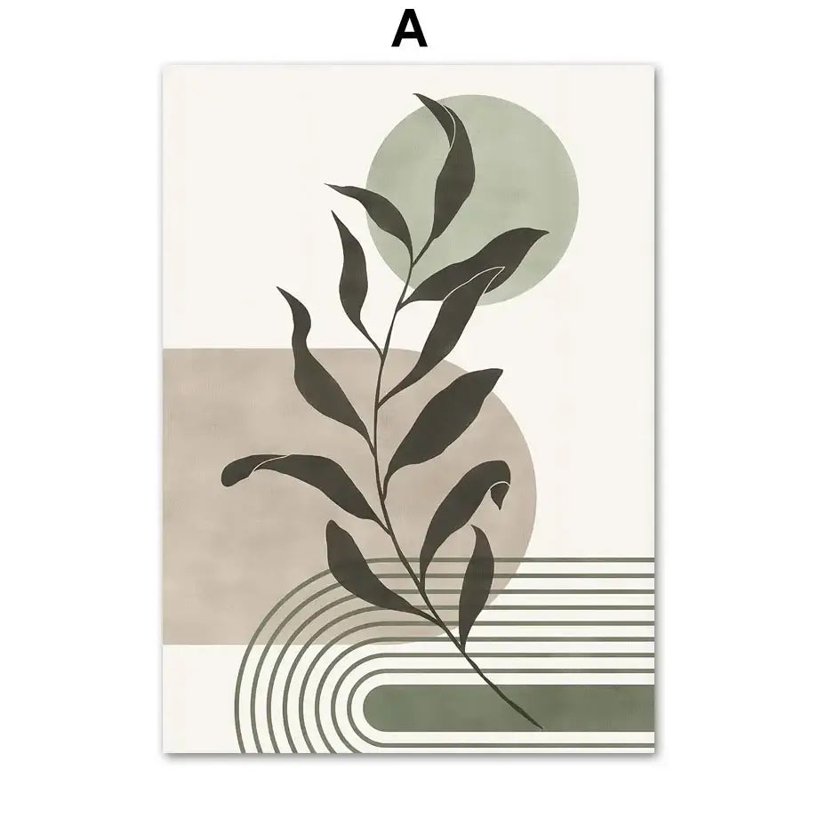 Decorbites™ abstract geometric leaves canvas wall art featuring dark green leafy branch on beige olive and gray shapes