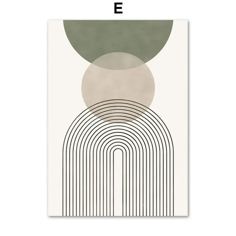 DecorBites™ abstract geometric leaves canvas wall art with muted green and beige circles and black curved lines