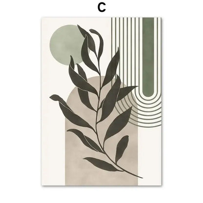 Decorbites™ abstract geometric leaves canvas wall art featuring a dark green leafy branch on beige and olive backgrounds
