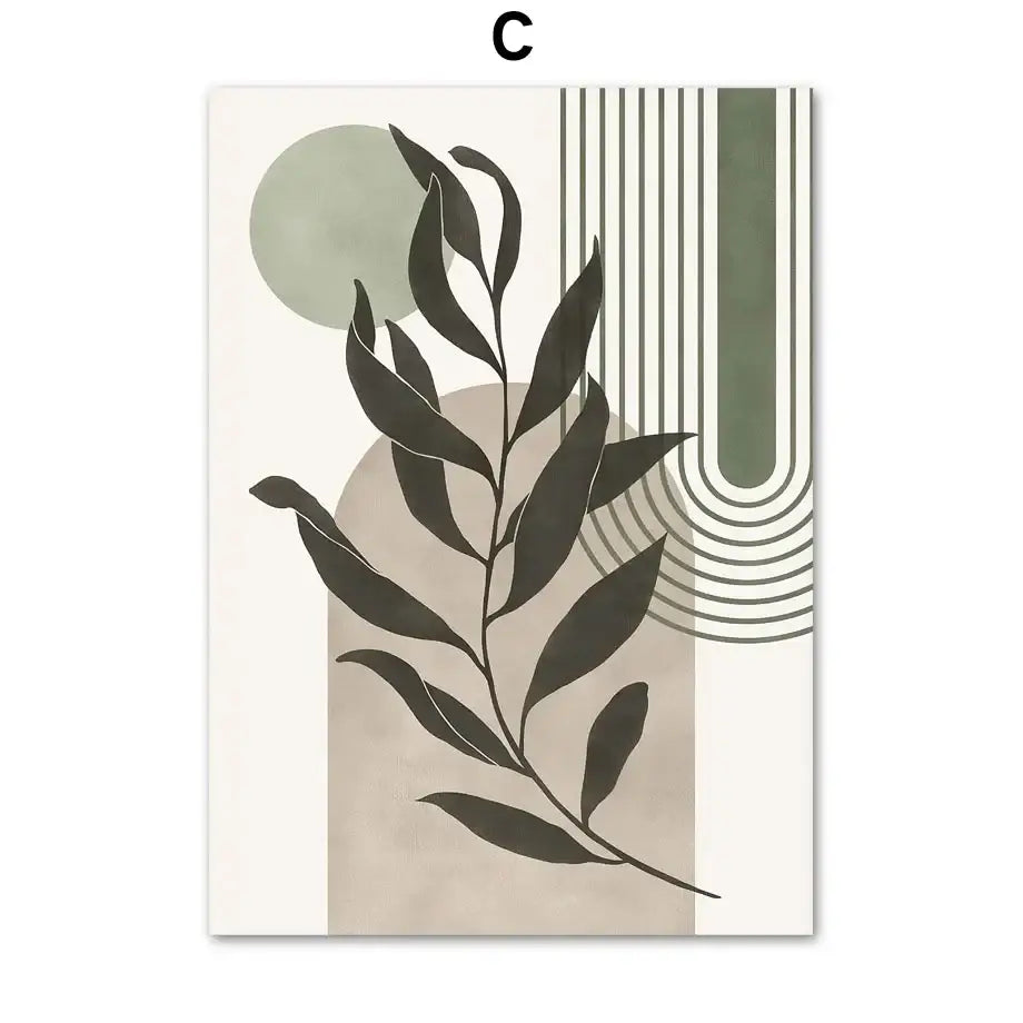 Decorbites™ abstract geometric leaves canvas wall art featuring a dark green leafy branch on beige and olive backgrounds