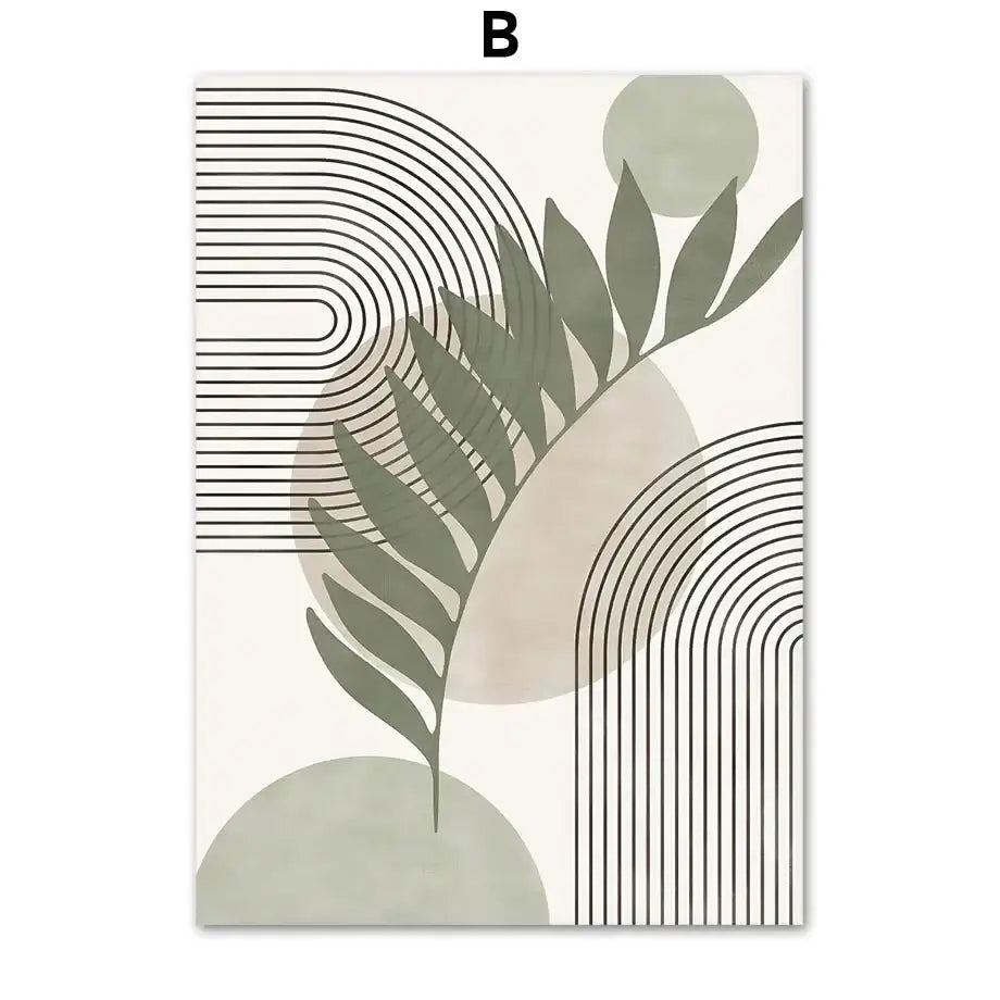 DecorBites™ abstract geometric leaves canvas wall art featuring a stylized green leaf with beige and gray shapes