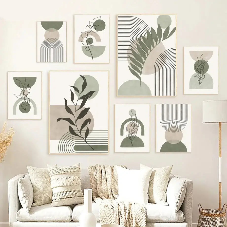 Set of eight DecorBites™ abstract geometric leaves wall art prints in muted green beige and black with wooden frames