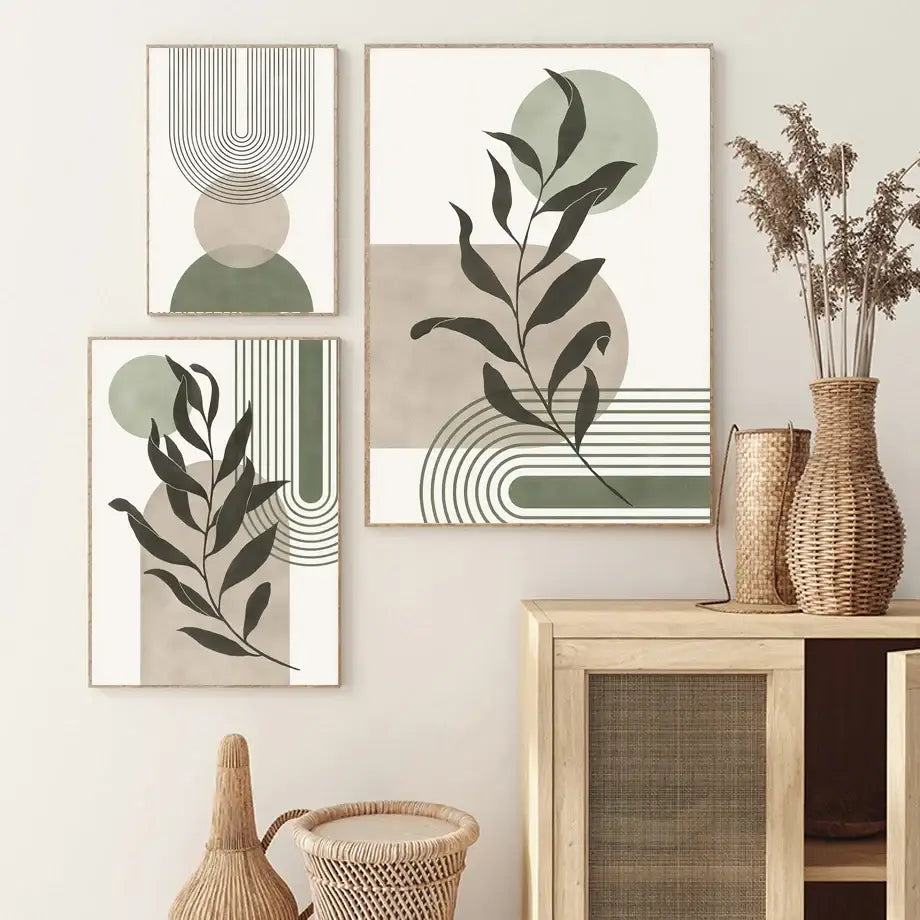 Three framed decorbites™ abstract geometric leaves canvas wall art prints with minimalist botanical designs in muted tones