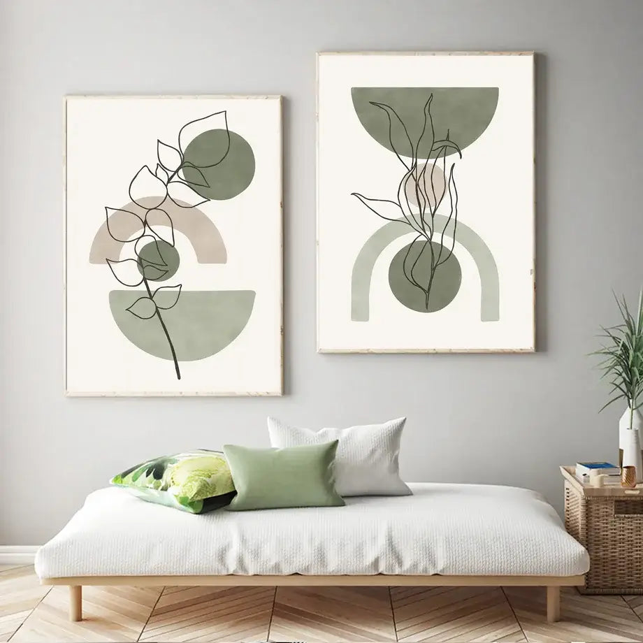 Two framed decorbites™ abstract geometric leaves wall art prints with minimalist botanical line drawings in muted tones