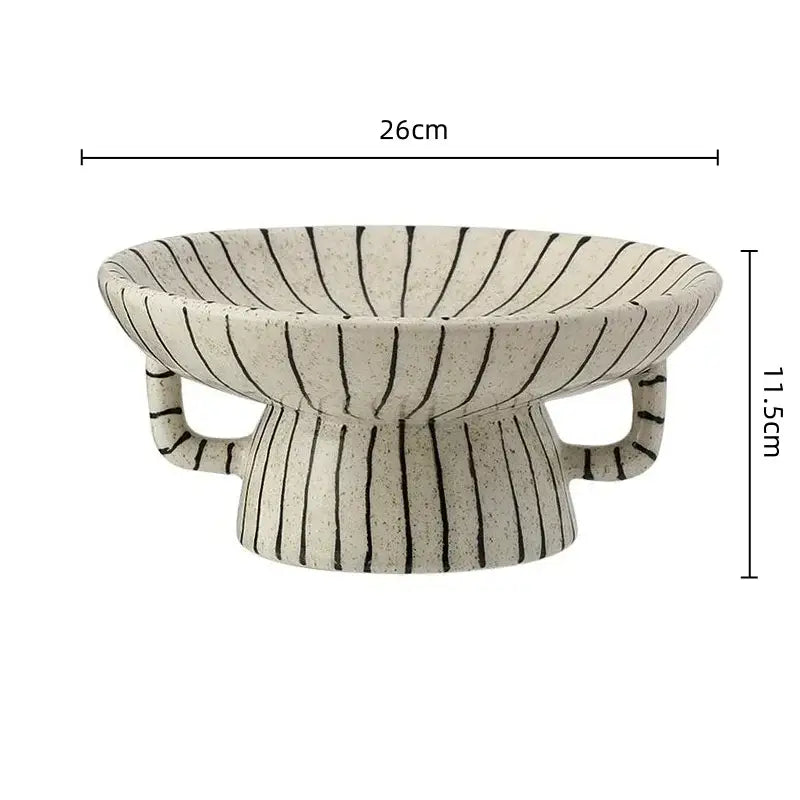 A geometric line ceramic vase cream and black with black vertical stripes and two handles measuring 26cm by 11.5cm