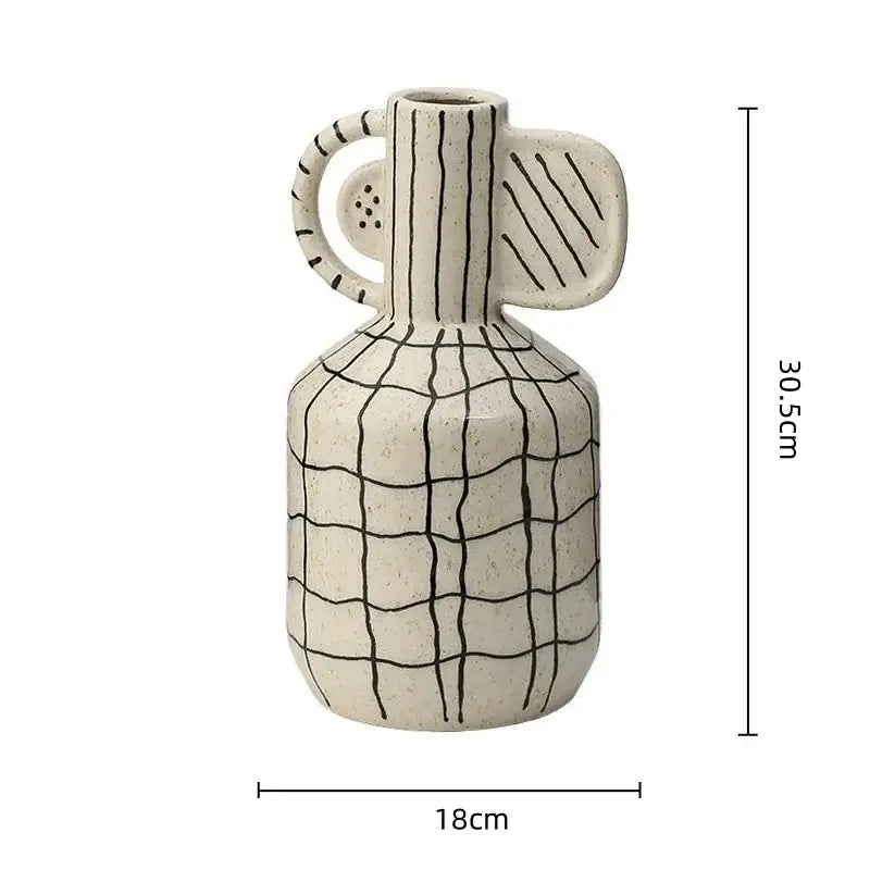 A cream-colored geometric line ceramic vase with grid pattern and two sculpted handles for living room decorbites decor