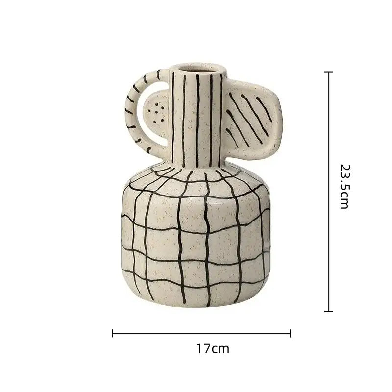 Cream-colored geometric line ceramic vase with black patterns and sculpted handles for decorbites living room decor