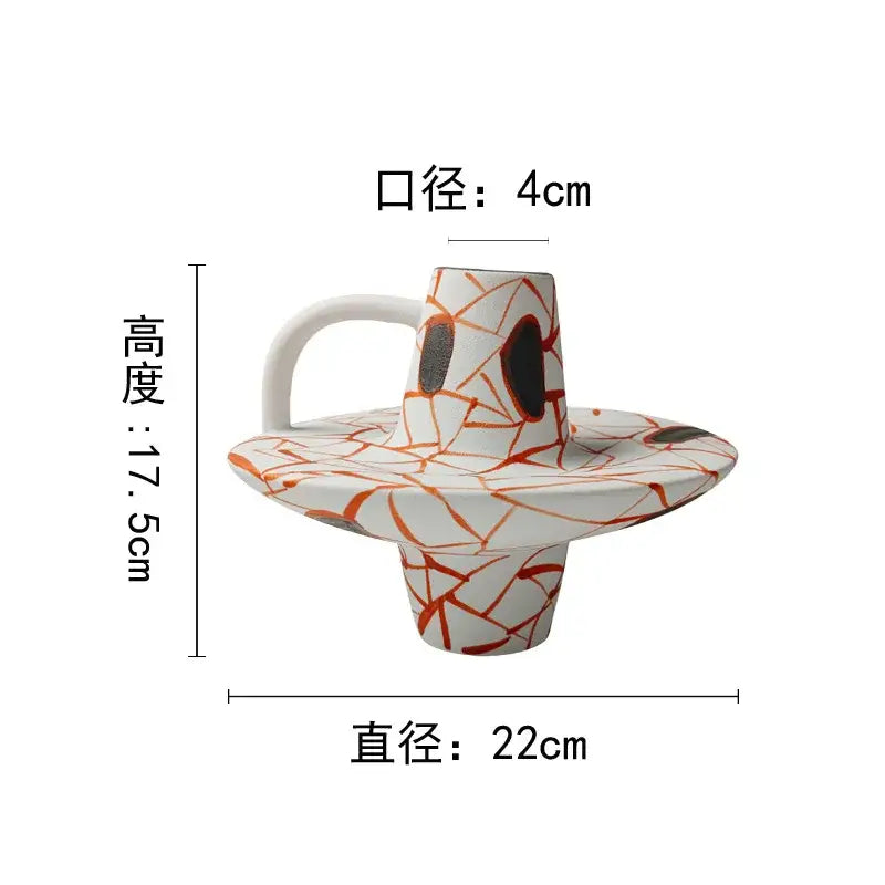 A geometric line ceramic white and orange vase with cracked glaze and integrated handle for living room decorbites fringe decoration
