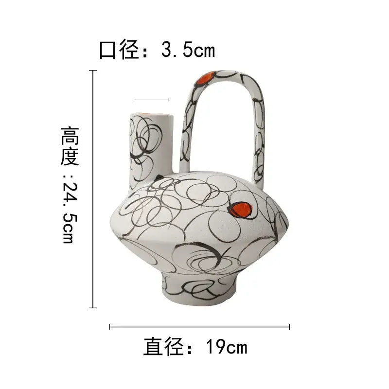 White geometric line ceramic pitcher with black swirls and orange accents for decorbites fringe decoration living room decor