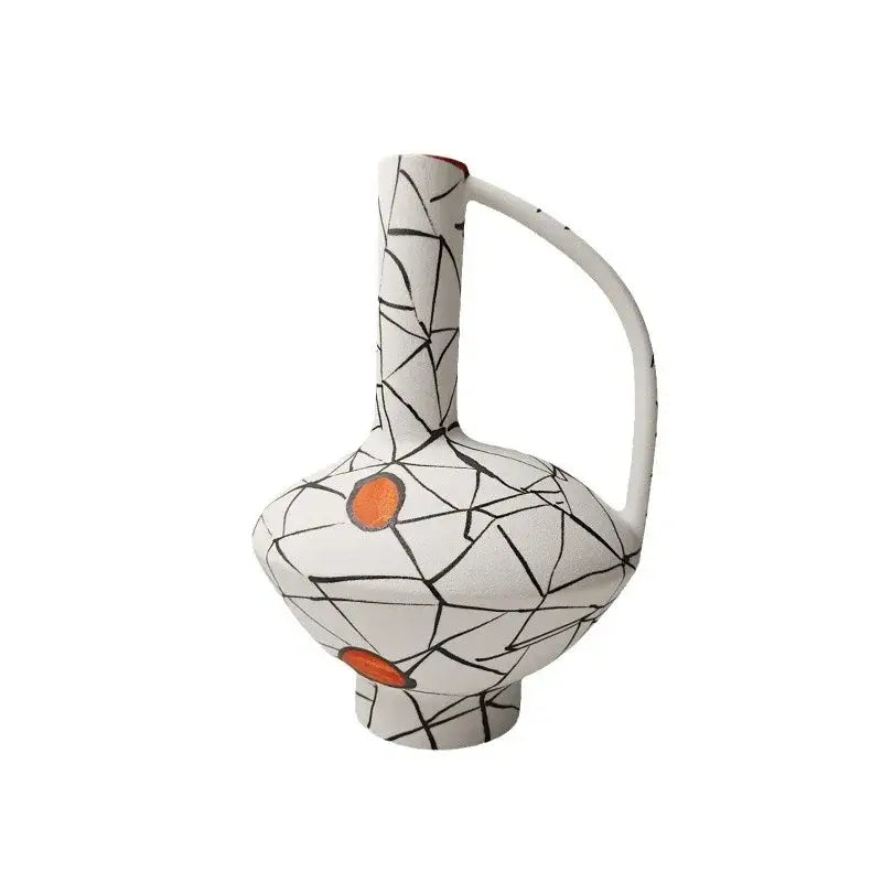 White ceramic pitcher with black crackle glaze and orange accents for decorbites geometric line ceramic living room decor