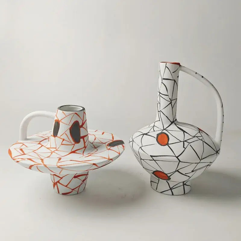 White ceramic geometric line ceramic vase set with black crackle glaze orange accents for living room decorbites fringe decoration