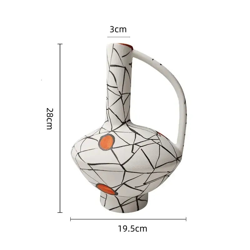 White ceramic geometric line ceramic vase with black crackle glaze and orange accents for living room decorbites fringe decoration