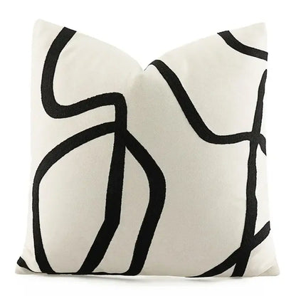 Cream-colored throw pillow with bold black geometric line embroidered pillowcase for living room decorbites decor