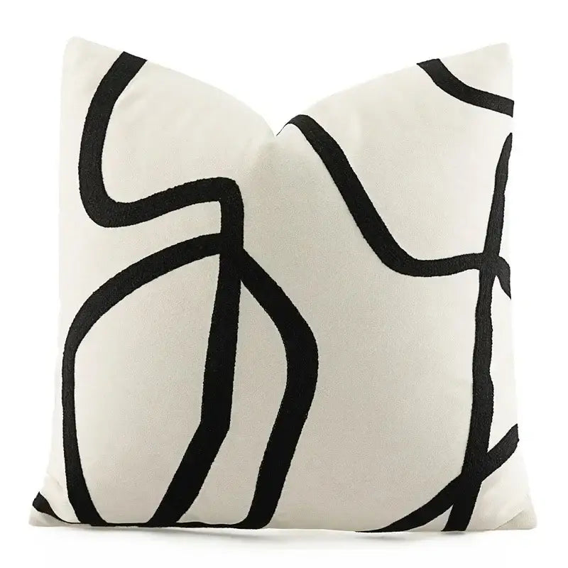 Cream-colored throw pillow with bold black geometric line embroidered pillowcase for living room decorbites decor