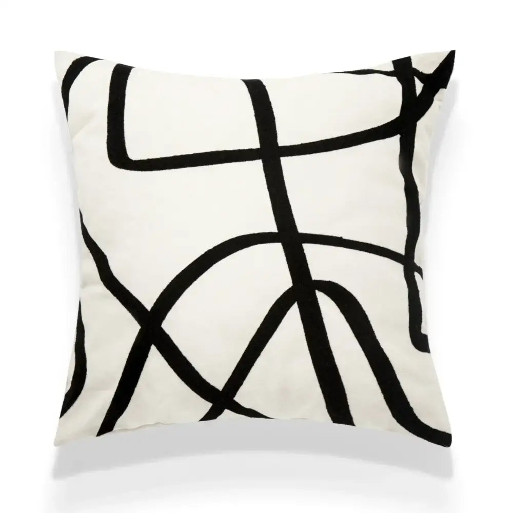 A square off-white fabric decorbites geometric line embroidered pillowcase with bold black abstract line pattern for living room