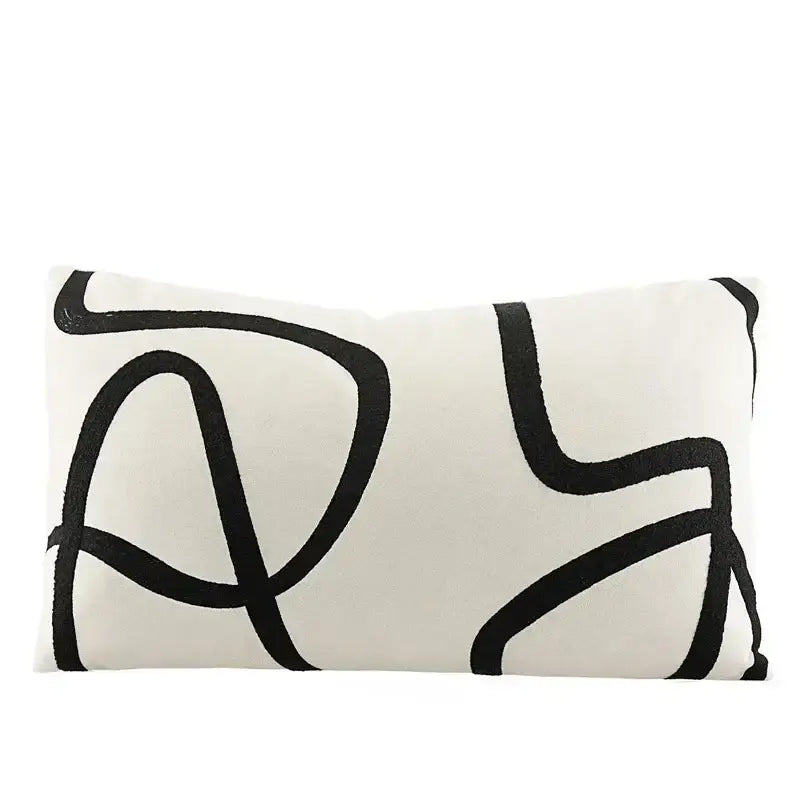 Cream-colored rectangular line embroidered pillowcase with bold black abstract art for living room decorbites geometric line