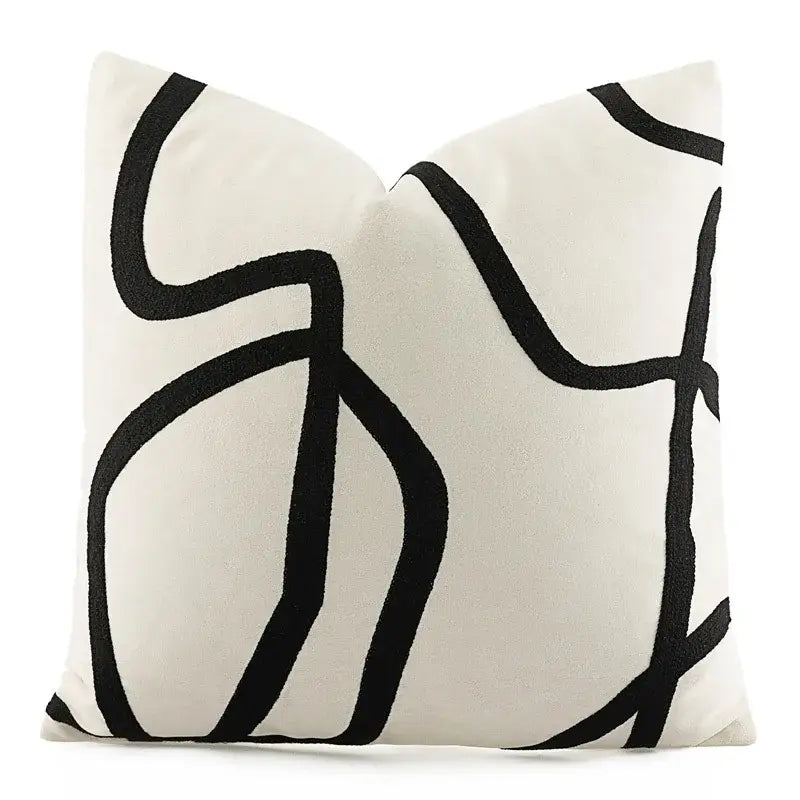 Cream-colored geometric line embroidered pillowcase with bold black abstract embroidery for living room decorbites decor