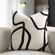White throw pillow with bold black abstract line embroidered design geometric line embroidered pillowcase for living room decor