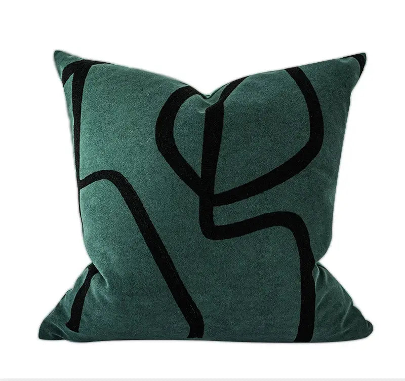 Emerald green velvet throw pillow with bold black abstract decorbites geometric line embroidered suede design for living room decor