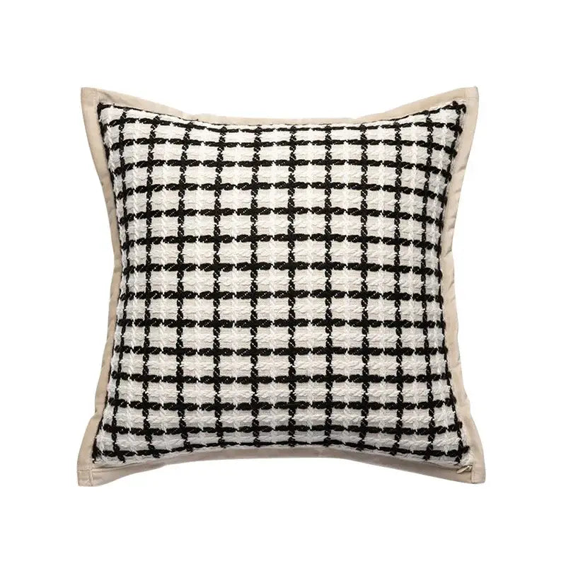 Square cushion with black and white houndstooth pattern in textured tweed fabric and beige border decorbites geometric line embroidered suede pillowcase