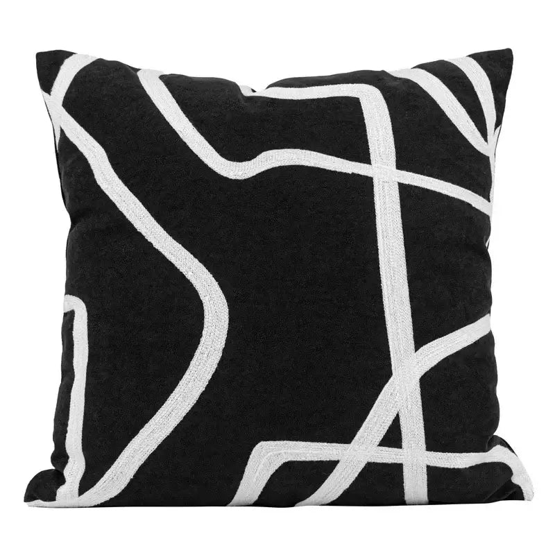 Black suede cushion with bold white decorbites geometric line embroidered for living room decor